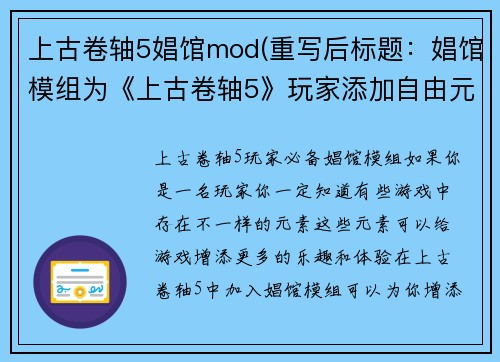 上古卷轴5娼馆mod(重写后标题：娼馆模组为《上古卷轴5》玩家添加自由元素)